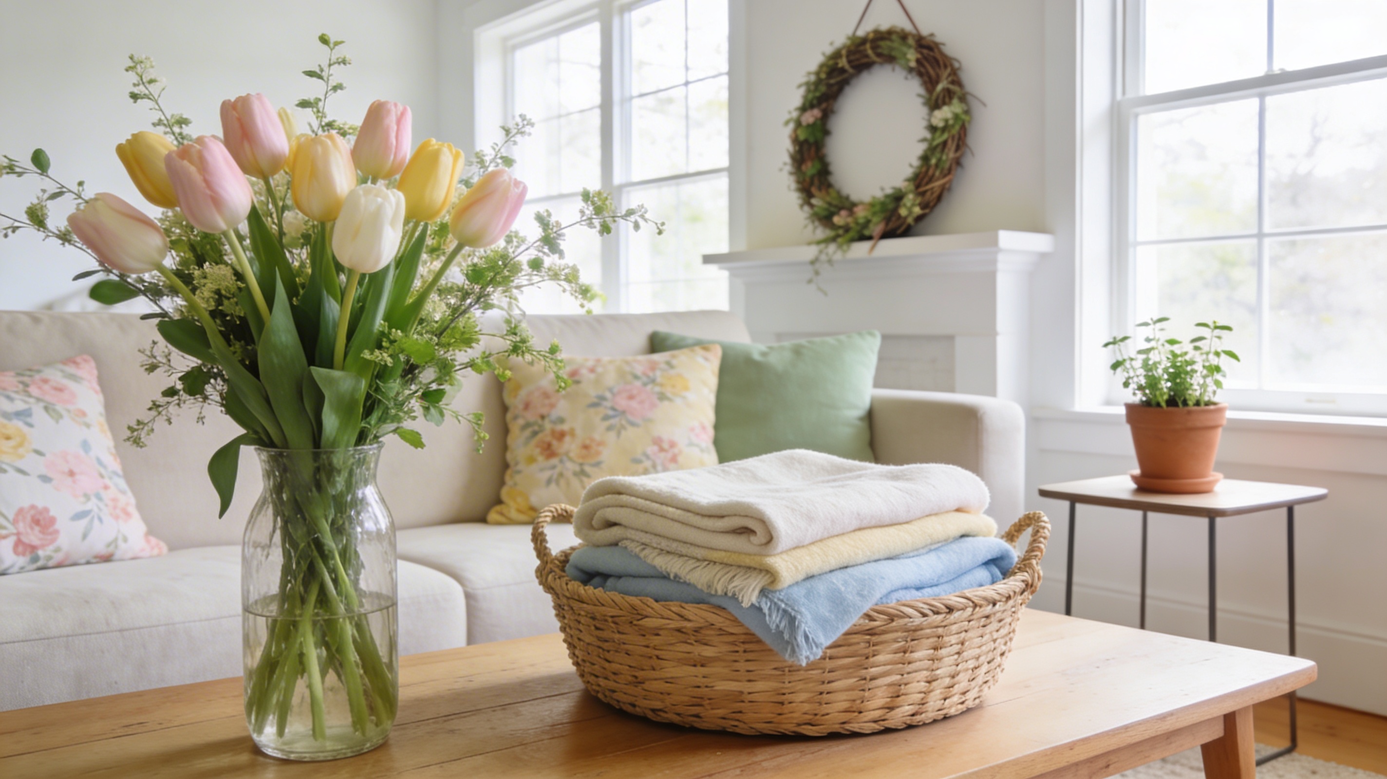 Pink and yellow flowers in a vase along with a basket of towels on a table in a living room
